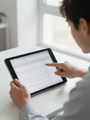 A close-up of a trainer's hands pointing at a tablet screen, guiding an adult student through an interactive Excel spreadsheet in a bright office environment under natural daylight.