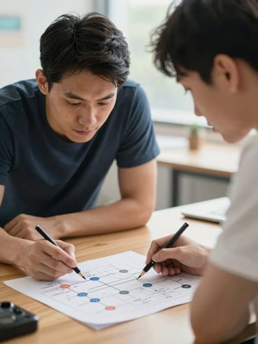A close-up of a trainer and an adult student reviewing a training roadmap on a wooden table, bright natural light, focused and encouraging atmosphere