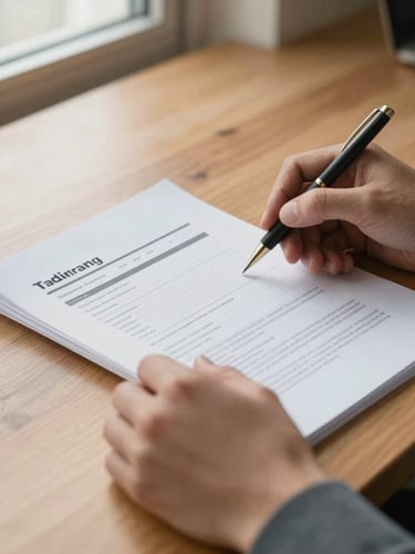 Close-up of hands reviewing financial and training documents on a wooden table, warm natural window light, professional and focused atmosphere.