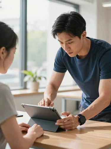 Medium shot of a professional trainer guiding an adult student over a tablet, bright natural daylight, modern workspace, active engagement.