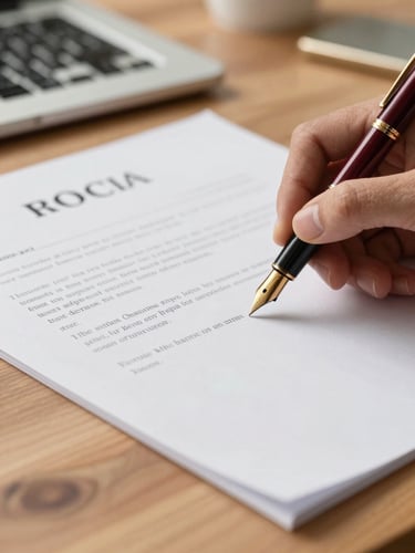 Macro shot of a fountain pen signing a structured legal contract on a warm wooden desk, soft focus, warm editorial lighting.