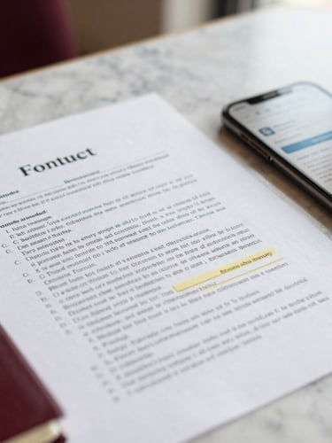 Close-up of a legal contract with highlighted clauses, a smartphone showing an app notification next to it on a marble desk, soft natural light, shallow depth of field