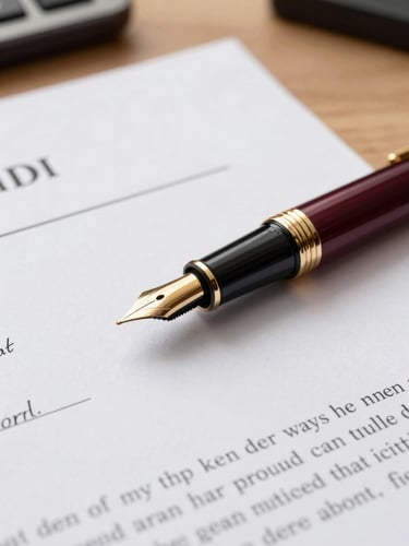 Macro shot of an elegant fountain pen resting on signed legal documents, warm natural office light, deep wine and gold details, shallow depth of field, 35mm.