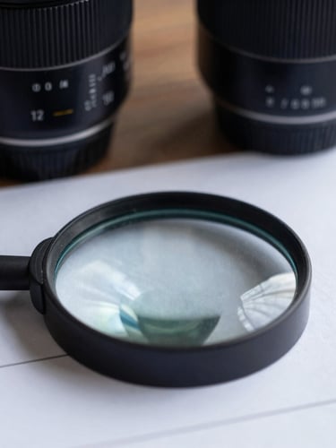 Macro shot of a document analysis under a magnifying lens, focused desk lighting, deep navy tones, professional forensic tools visible, 50mm lens, sober editorial photography
