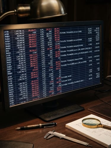 Macro shot of a detailed financial spreadsheet on a high-end monitor, focused desk lighting from a brass lamp, deep navy tones, professional forensic analysis tools nearby, 50mm lens, sober editorial photography