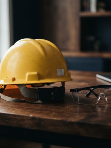 Sober macro photograph of industrial safety equipment, a clean yellow hard hat and protective glasses resting on a dark wooden desk, soft focused office light, 50mm lens