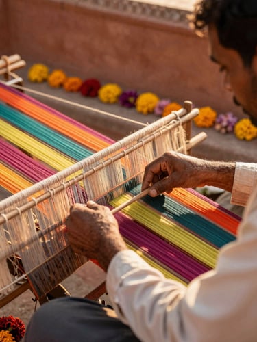 A close-up environmental shot of a traveler observing a master weaver working on a traditional handloom in Rajasthan, warm golden-hour light illuminating the colorful threads.