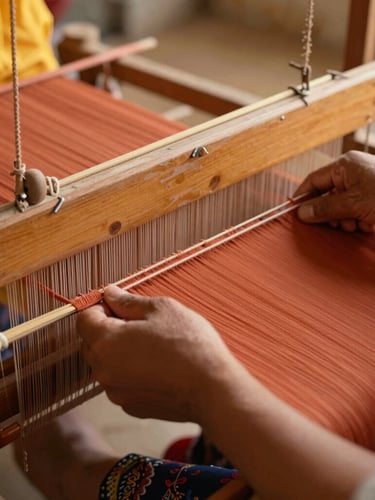 Close-up of hands weaving terracotta-colored silk on a wooden loom, warm golden-hour light, documentary style, 35mm lens