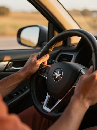 Close-up of a professional driver's hands on a clean steering wheel, warm golden hour light streaming through the window, documentary style, 35mm lens