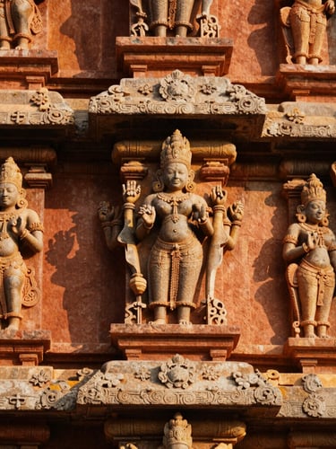 Close-up of intricate hand-carved stone figures on a Dravidian temple gopuram, warm golden-hour light casting soft shadows on terracotta-toned granite, documentary 35mm photography