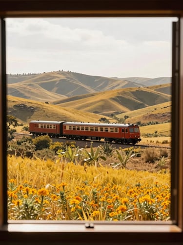 A scenic vista of rolling hills seen through the open wooden window of a slow-moving heritage train, warm natural sunlight