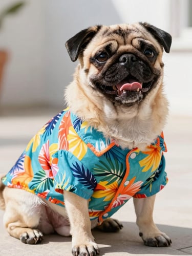 Bright daylight portrait of a happy pug wearing a custom-fit colorful tropical shirt, sitting on a sunny patio, sharp focus, vibrant tones