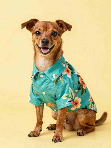 A happy small brown dog wearing a colorful teal Hawaiian shirt sitting proudly on a soft yellow background, bright studio lighting, eye-level medium shot