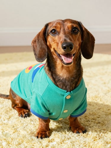 A happy dachshund wearing a colorful custom-made teal shirt sitting comfortably on a soft light yellow rug, bright natural daylight, high-quality pet portrait