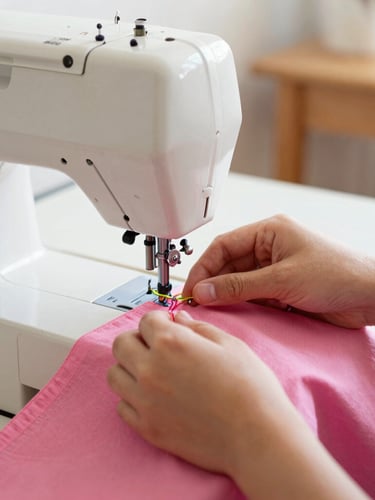Close-up of hands carefully stitching a colorful pink fabric on a classic sewing machine inside a warm, sunlit family workshop in Celaya