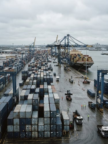 Wide environmental landscape of an industrial shipping port under cool overcast daylight, stacked steel cargo containers in desaturated navy and gray tones, sharp focus, 35mm documentary photography style.