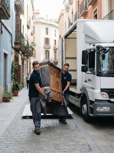 Sharp editorial photography of a clean white Veltrix moving truck parked on a quiet street in Barcelona, professional uniformed operators carefully carrying a protected wooden cabinet under bright natural daylight.