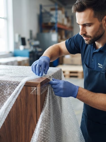 Close-up of professional logistics operator in clean uniform carefully wrapping a designer wooden cabinet corner with thick protective bubble wrap, bright daylight, crisp focus
