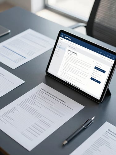 Overhead desk layout with neat financial documents, a modern digital tax portal open on a tablet, natural office daylight.