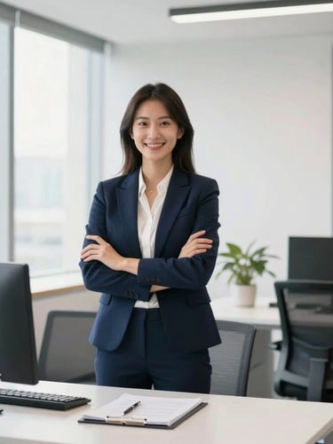 Bright modern office interior, a professional female Chartered Accountant in a navy blazer smiling confidently, natural daylight, clean corporate desk.