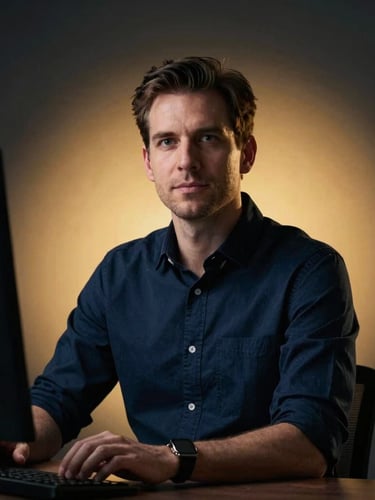 Low-key dramatic portrait of a male computer science instructor in a dark modern studio, warm gold backlighting, sharp focus, professional and intellectual expression, 85mm lens