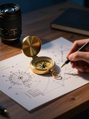 Low-key editorial photography of a wooden desk with a hand drawing astronomical chart calculations, gold compass, warm dramatic lighting, sharp focus, 85mm lens
