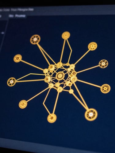 Macro shot of a high-resolution screen displaying neural network nodes and gold data structures, dark blue background, sharp focus, low-key lighting