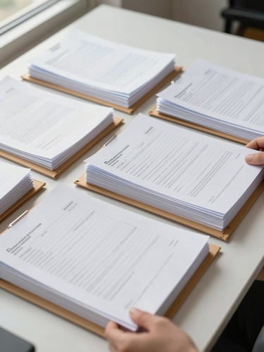 Close-up overhead shot of neatly organized document folders and filled administrative forms arranged on a clean white desk, natural daylight from a nearby window illuminating the papers, hands partially visible sorting through a stack of documents
