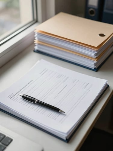 Close-up overhead shot of a clean office desk, neatly stacked documents and organized file folders under soft natural daylight from a window to the left, a single pen resting on an open form, no people visible