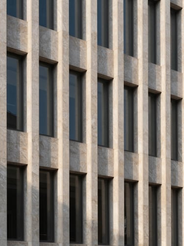 Symmetrical architectural crop of a modern limestone corporate building facade, quiet morning shadows, clean vertical lines, soft diffused daylight.