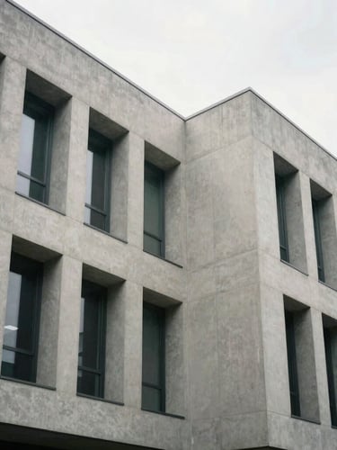 Symmetrical wide-angle shot of a modern minimalist corporate building facade, clean concrete lines, sharp geometric shadows, diffused overcast daylight.