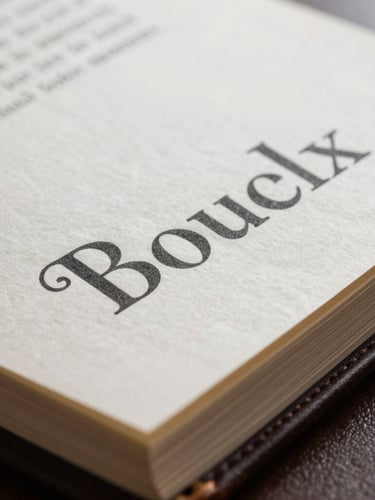 Macro close-up of a heavy textured paper document with elegant typography, resting on a dark leather folio, soft natural light from the side.