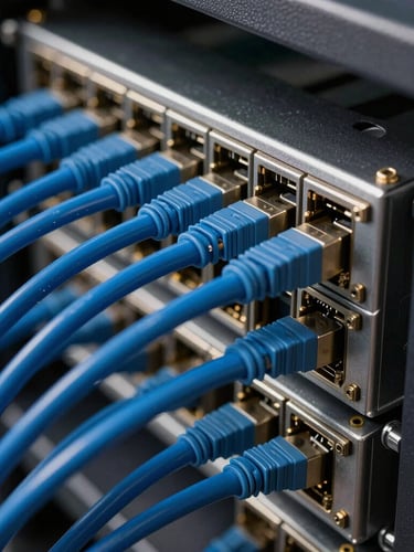 High-contrast macro photograph of physical server connections, deep blue fiber optic cables clicking into a dark metal rack, dramatic directional side-lighting, sharp technical details, shallow depth of field.