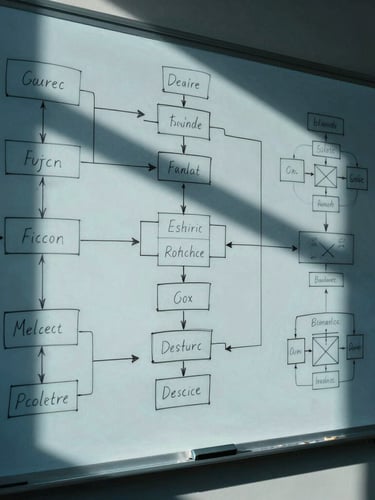Dramatic high-contrast overhead shot of a physical glass whiteboard covered in complex, hand-drawn system architecture schematics, sharp directional blue light casting deep shadows.