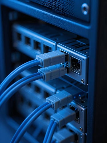 Macro close-up of physical server connections and fiber optic cables, high-contrast blueprint-blue directional lighting, deep shadows, sharp technical focus.