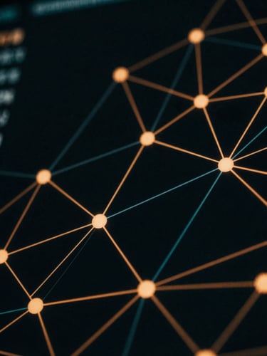 Extreme macro close-up of a high-resolution data visualization screen displaying complex network nodes, deep obsidian background with sharp amber and teal lines, dark cinematic photography, 35mm