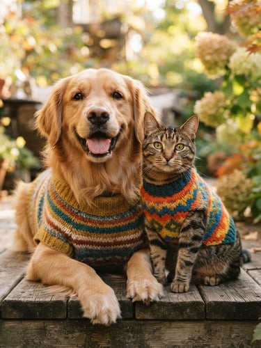 Cheerful lifestyle pet photography, warm natural daylight. A happy golden retriever and a playful tabby cat side by side, wearing colorful handcrafted woven sweaters, eye-level framing, shallow depth of field.