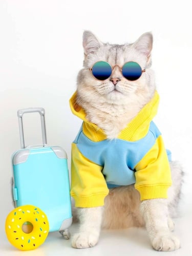 Gato blanco y esponjoso con gafas de sol y una sudadera con capucha, sentado junto a una maleta azul y un juguete.