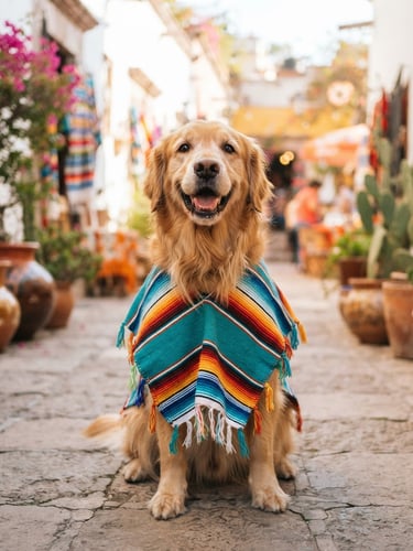 Cheerful lifestyle pet photography, bright natural daylight, a happy golden retriever wearing a colorful woven teal poncho, sitting in bright Mexican sunlight, shallow depth of field, 35mm