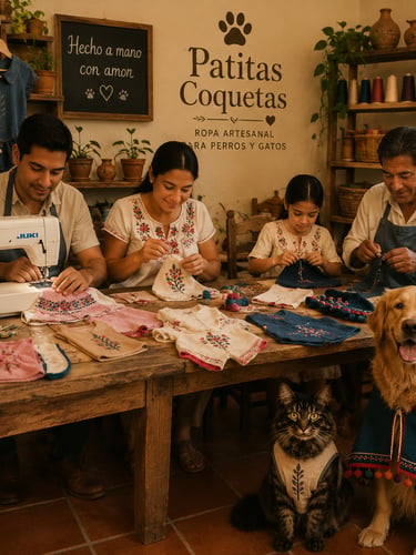 Una familia confeccionando ropa artesanal a mano para un golden retriever y un gato en un taller de costura rústico.