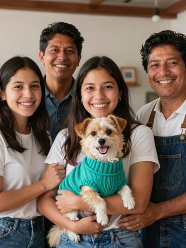 Cheerful portrait of a family of artisans in their Celaya workshop, smiling, holding a small happy dog wearing a vibrant custom teal sweater, bright natural light.