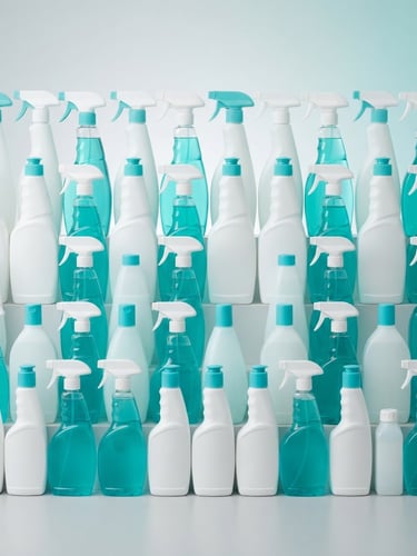 Bright high-key studio shot of neatly stacked white and turquoise cleaning product bottles on a light gray surface, sharp focus, commercial style