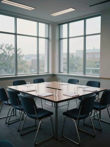 Wide environmental shot of an empty seminar room set for discussion, twelve chairs around a single table, notebooks and water glasses in place, cool morning light through tall north-facing windows, no people, everything ready