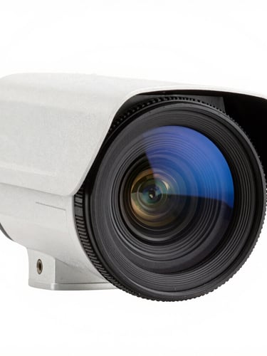 Macro photography of a high-end security camera lens, clinical blue reflection on glass, razor-sharp architectural mounting, clean white background