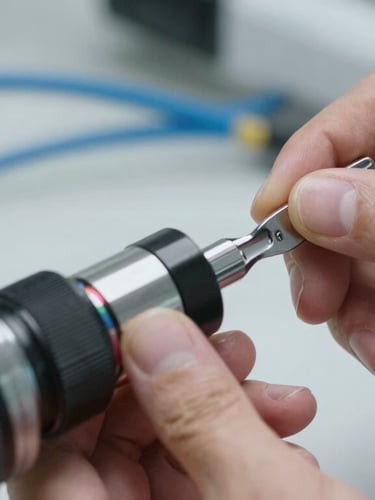 Close-up macro of a technician's hand adjusting a high-performance optical lens with precision tools, clean clinical lighting, neat blue cables in the background.