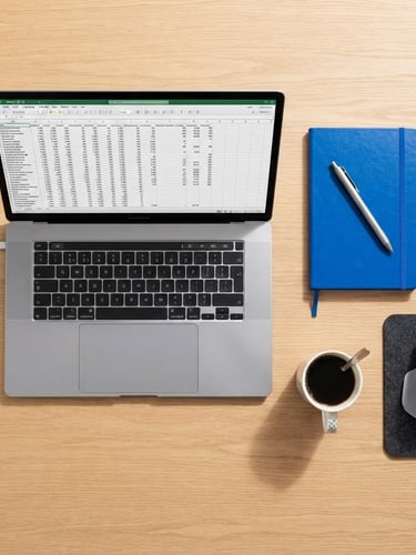 Overhead flat-lay of a modern minimalist desk, a sleek laptop showing a clean spreadsheet layout, sharp studio light, electric blue notebook beside it.