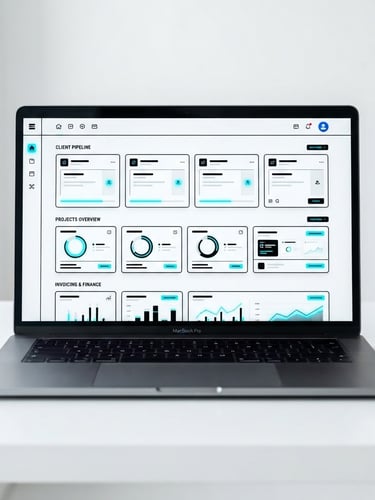 Straight-on crisp UI mockup of a clean freelance client tracker template on a sleek laptop screen, high-key bright studio light, sharp black borders, neon blue accents