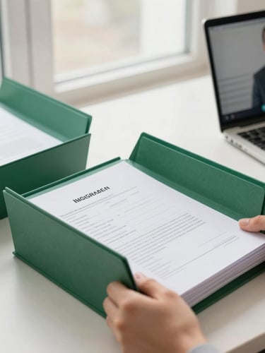 Close-up of hands organizing clean folders with immigration documents on a modern desk, a laptop screen showing a video call, bright natural window light, soft emerald and neutral tones, shallow depth of field.