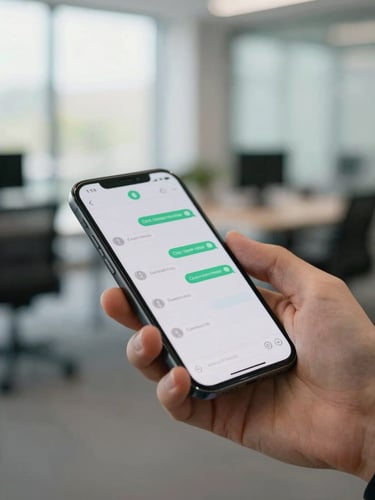 Close-up of a hand holding a smartphone with a chat app open, blurred background of a modern office space with natural light, soft emerald and grey tones, shallow depth of field.