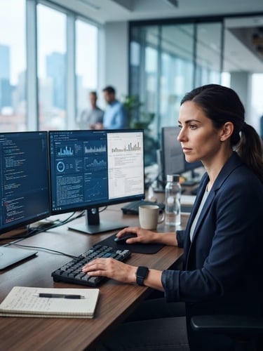 Crisp corporate photography, cool daylight, a technical professional in a modern workspace focusing on screens, shallow depth of field, professional editorial style.